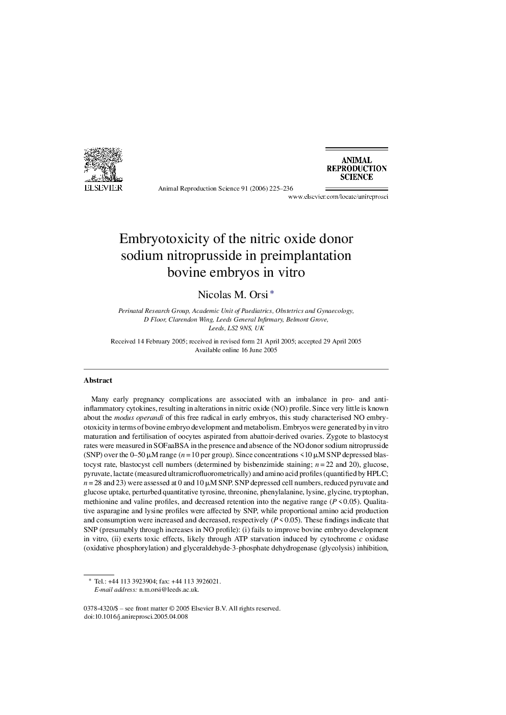 Embryotoxicity of the nitric oxide donor sodium nitroprusside in preimplantation bovine embryos in vitro