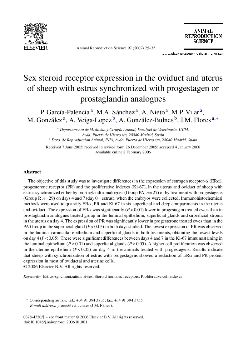 Sex steroid receptor expression in the oviduct and uterus of sheep with estrus synchronized with progestagen or prostaglandin analogues