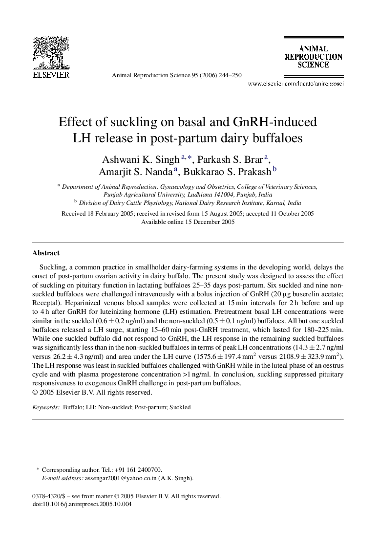 Effect of suckling on basal and GnRH-induced LH release in post-partum dairy buffaloes