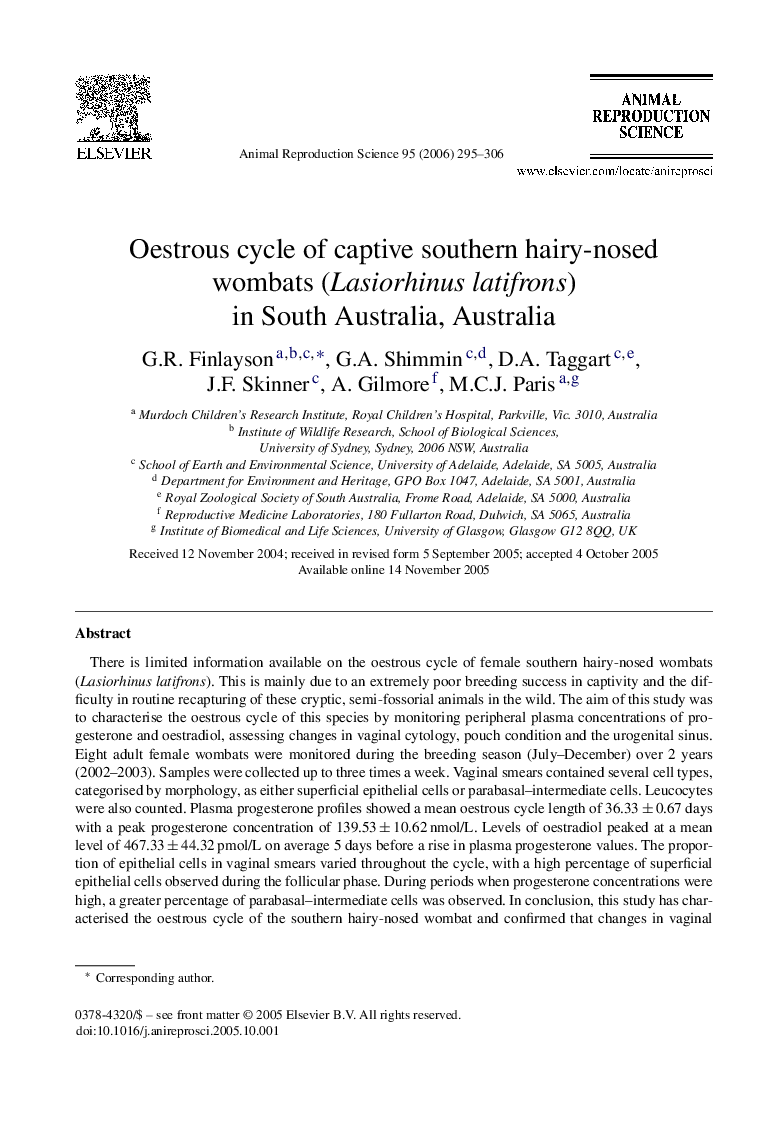 Oestrous cycle of captive southern hairy-nosed wombats (Lasiorhinus latifrons) in South Australia, Australia