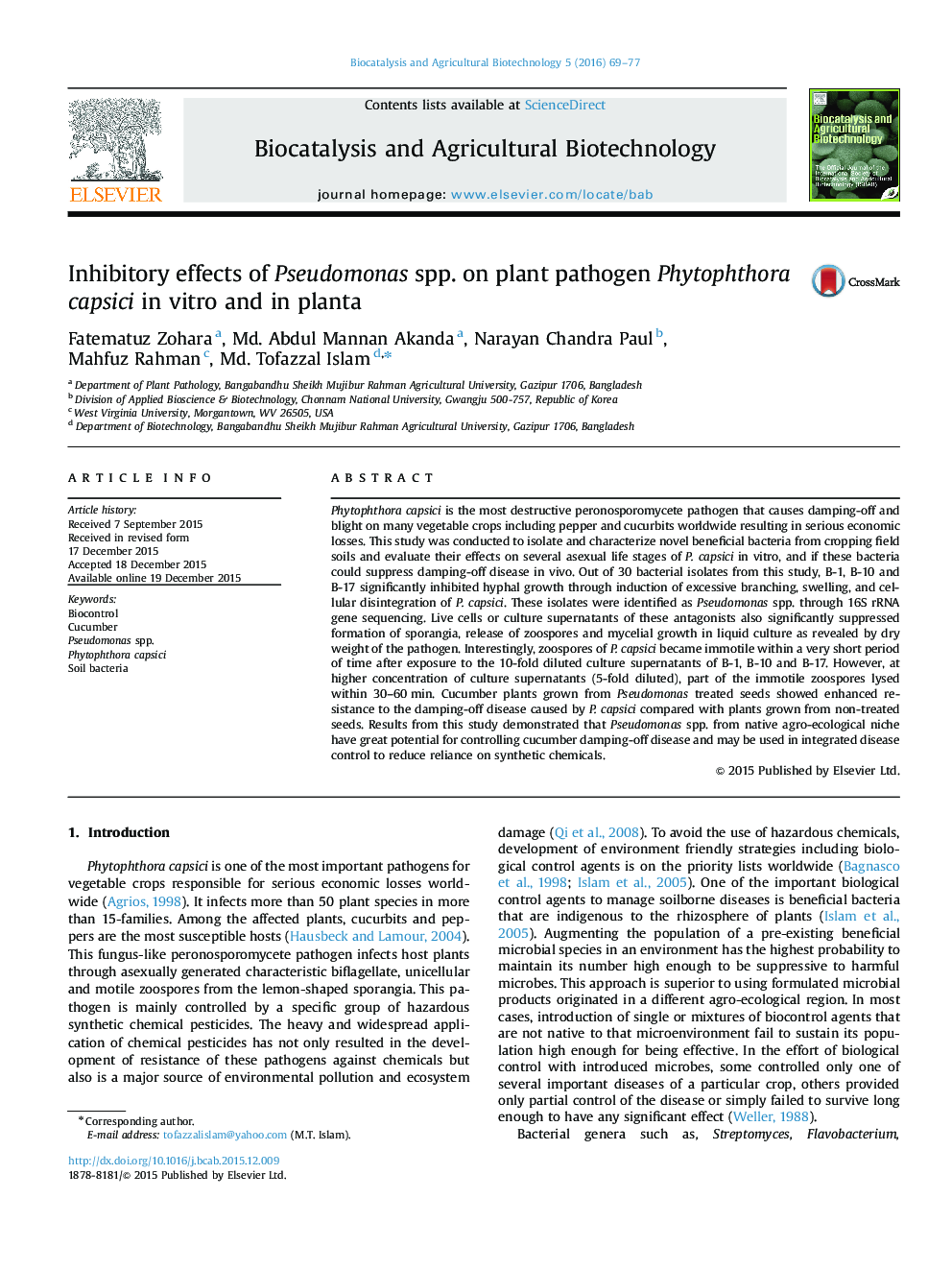 Inhibitory effects of Pseudomonas spp. on plant pathogen Phytophthora capsici in vitro and in planta