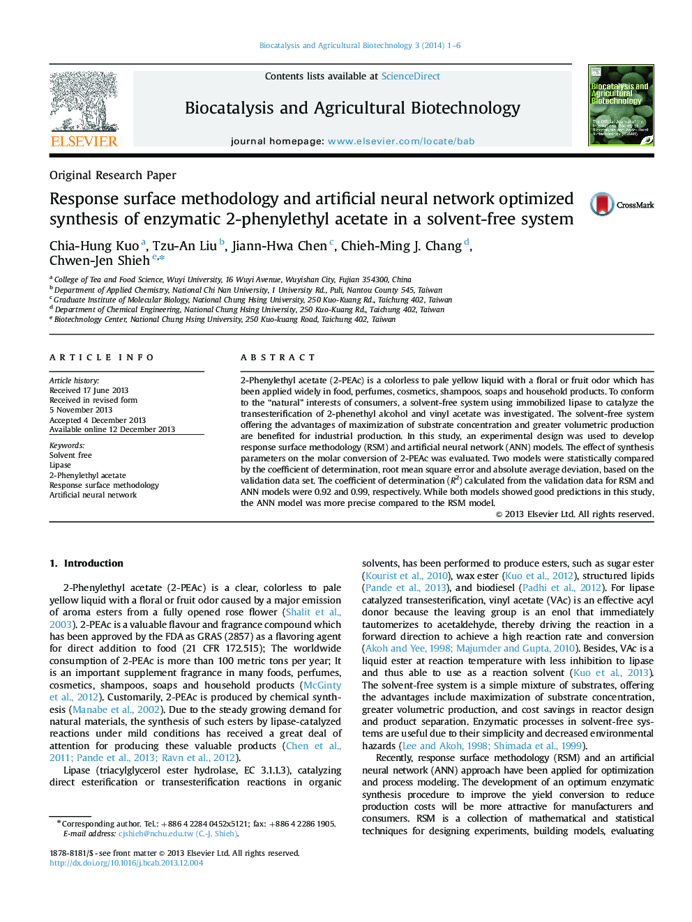 روش سطح پاسخ و شبکه عصبی مصنوعی بهینه سازی سنتز آنزیمی 2-فنیل اتیل استات در یک سیستم بدون حلال 
