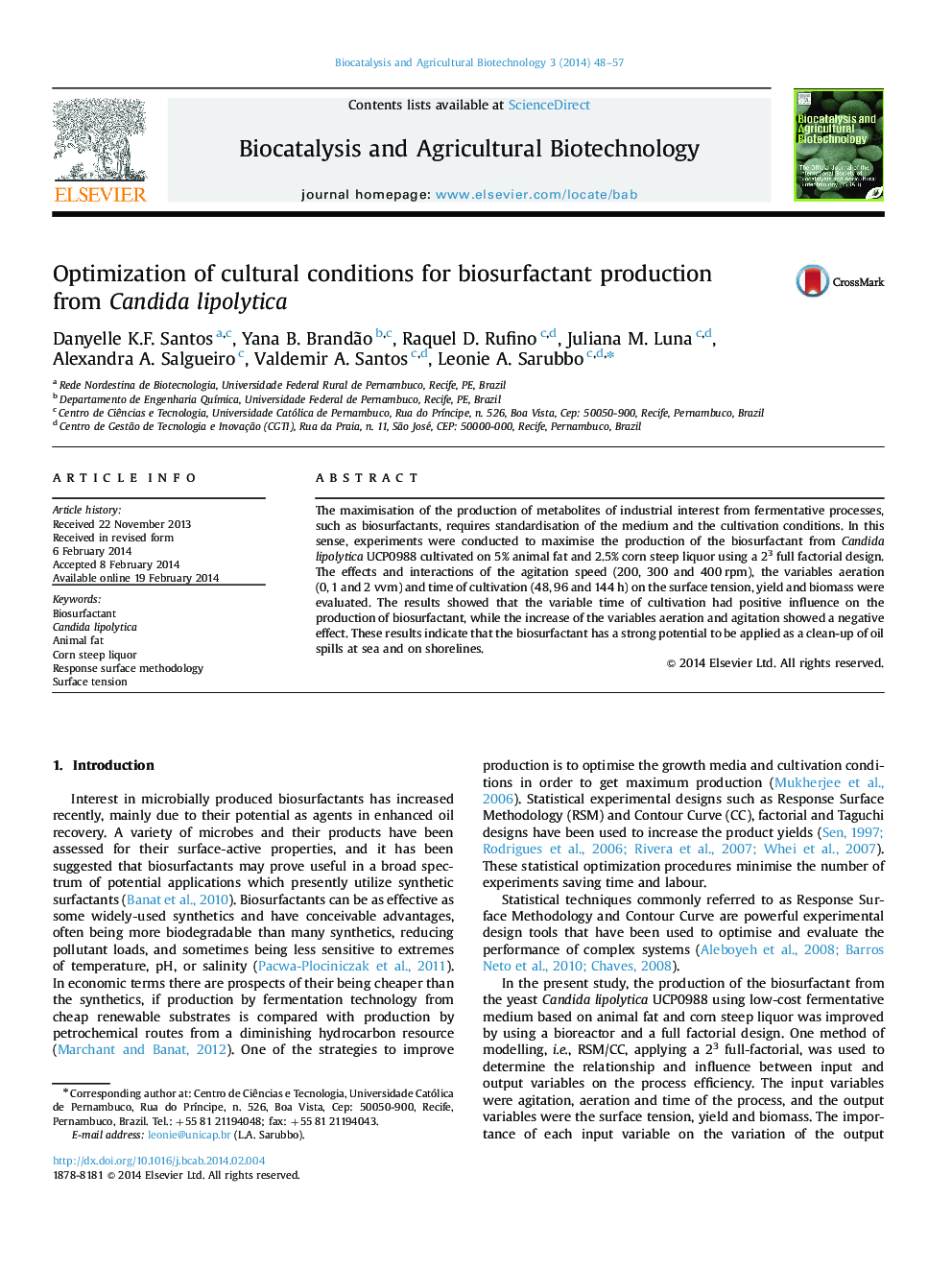 Optimization of cultural conditions for biosurfactant production from Candida lipolytica