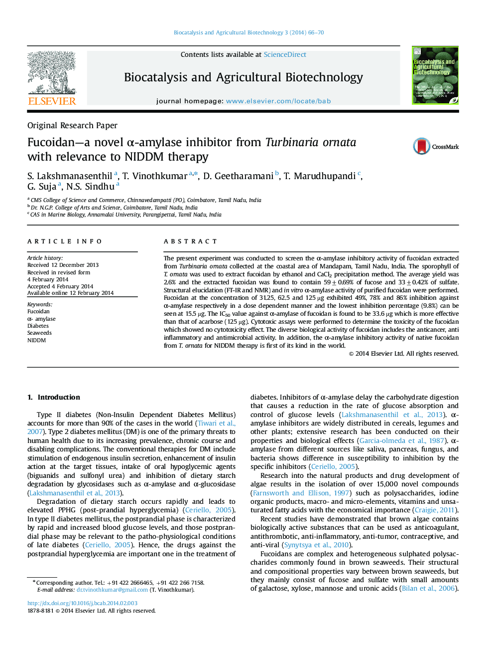 Fucoidan—a novel α-amylase inhibitor from Turbinaria ornata with relevance to NIDDM therapy