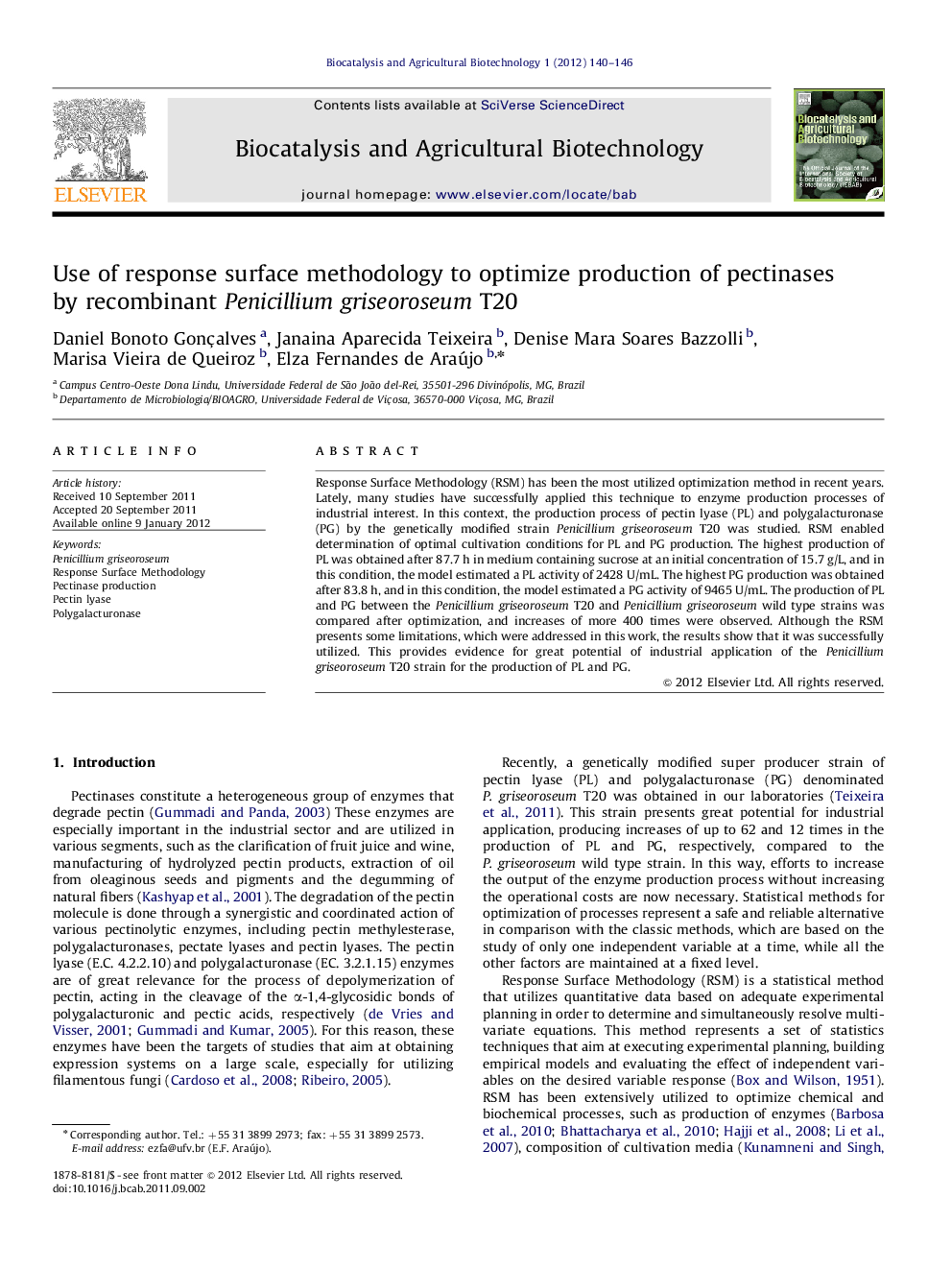 Use of response surface methodology to optimize production of pectinases by recombinant Penicillium griseoroseum T20