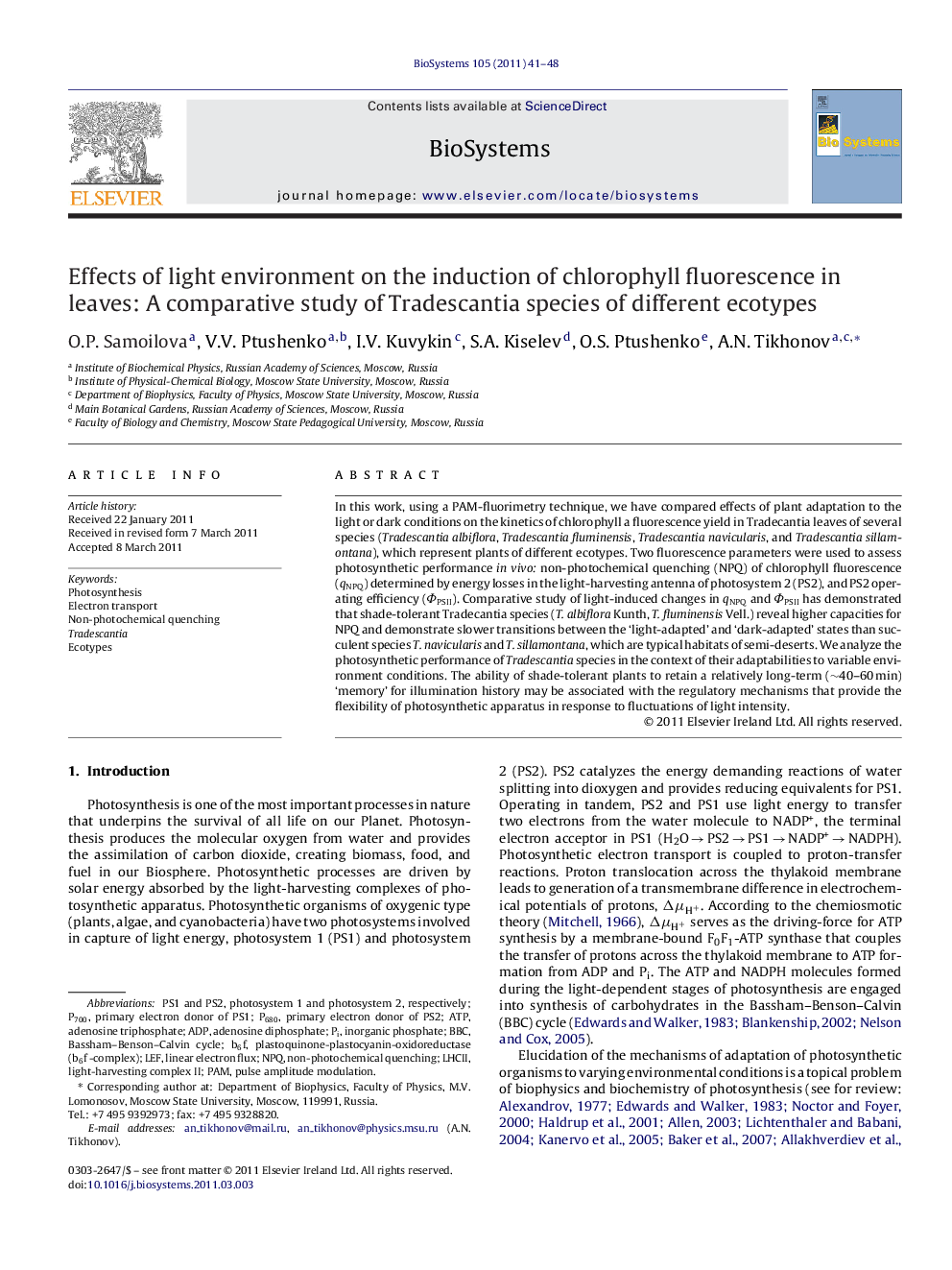 Effects of light environment on the induction of chlorophyll fluorescence in leaves: A comparative study of Tradescantia species of different ecotypes