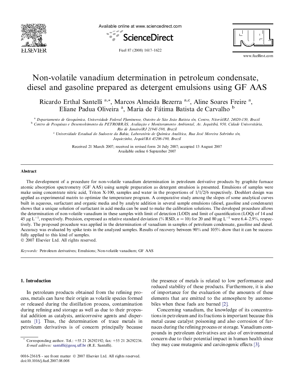 Non-volatile vanadium determination in petroleum condensate, diesel and gasoline prepared as detergent emulsions using GF AAS