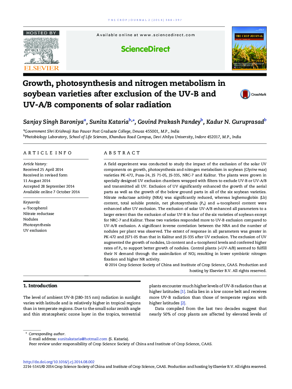 Growth, photosynthesis and nitrogen metabolism in soybean varieties after exclusion of the UV-B and UV-A/B components of solar radiation