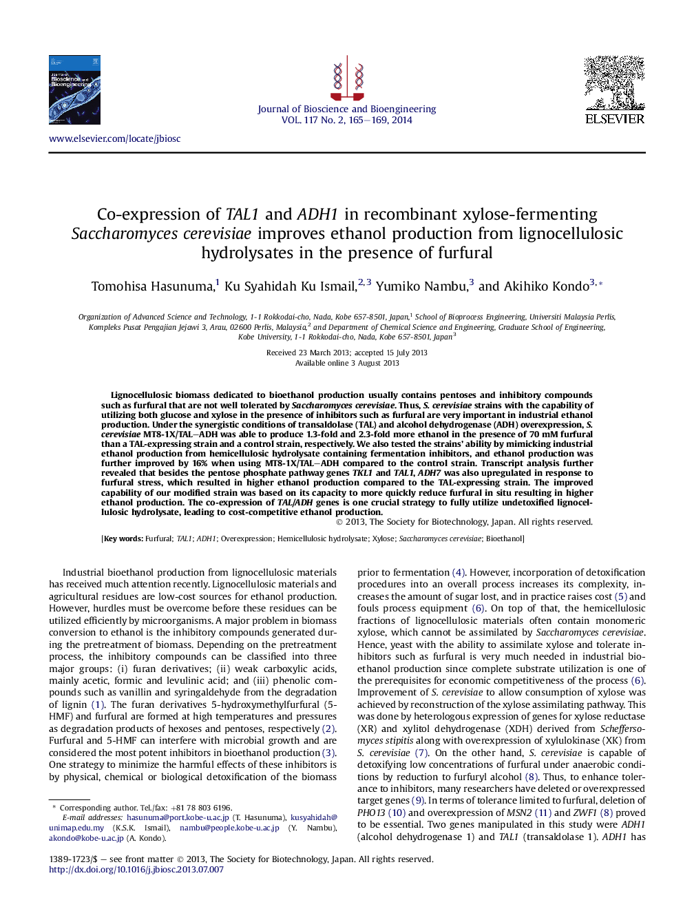 Co-expression of TAL1 and ADH1 in recombinant xylose-fermenting Saccharomyces cerevisiae improves ethanol production from lignocellulosic hydrolysates in the presence of furfural