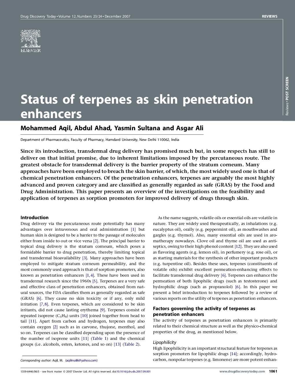 Status of terpenes as skin penetration enhancers