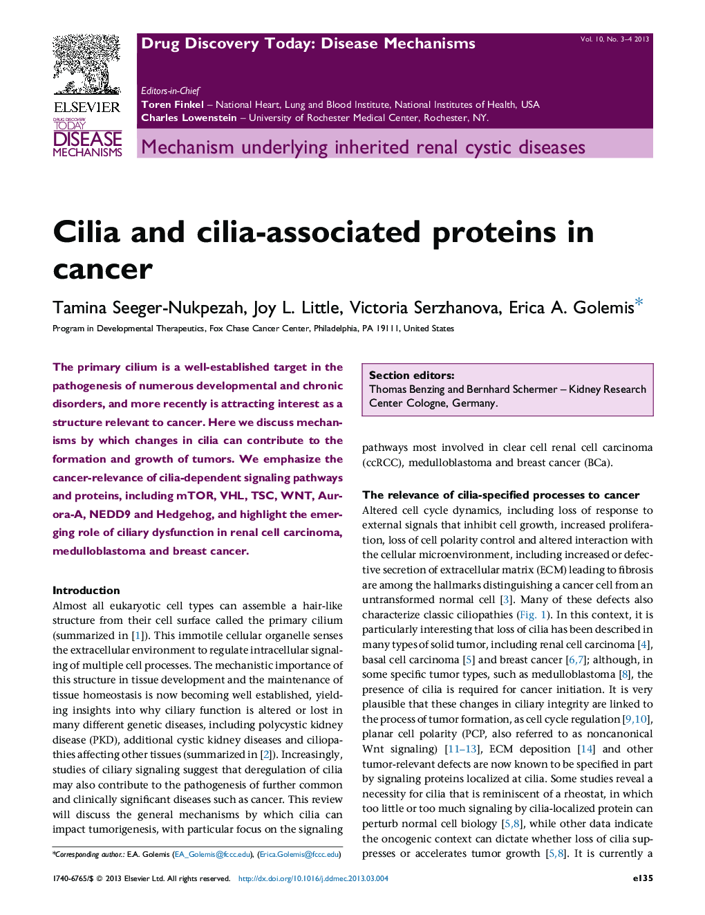 Cilia and cilia-associated proteins in cancer