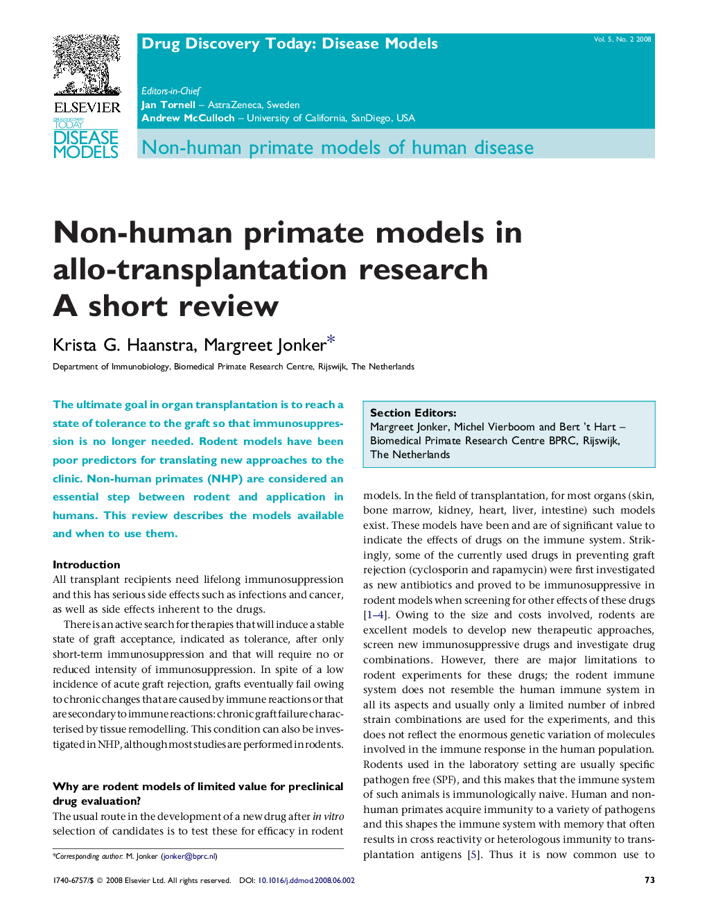 Non-human primate models in allo-transplantation research: A short review