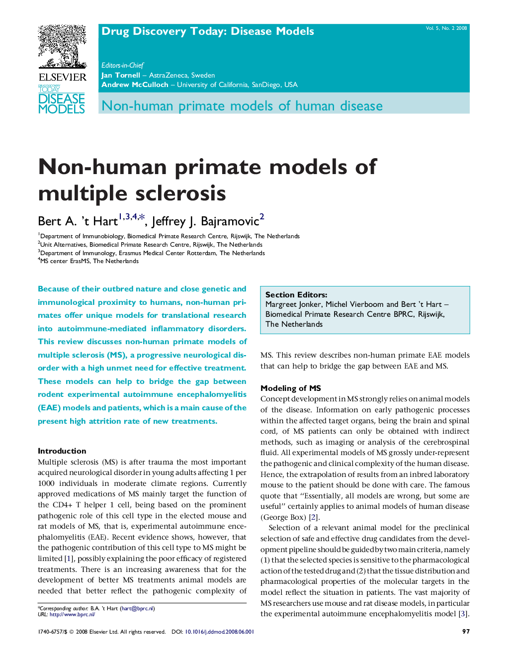 Non-human primate models of multiple sclerosis