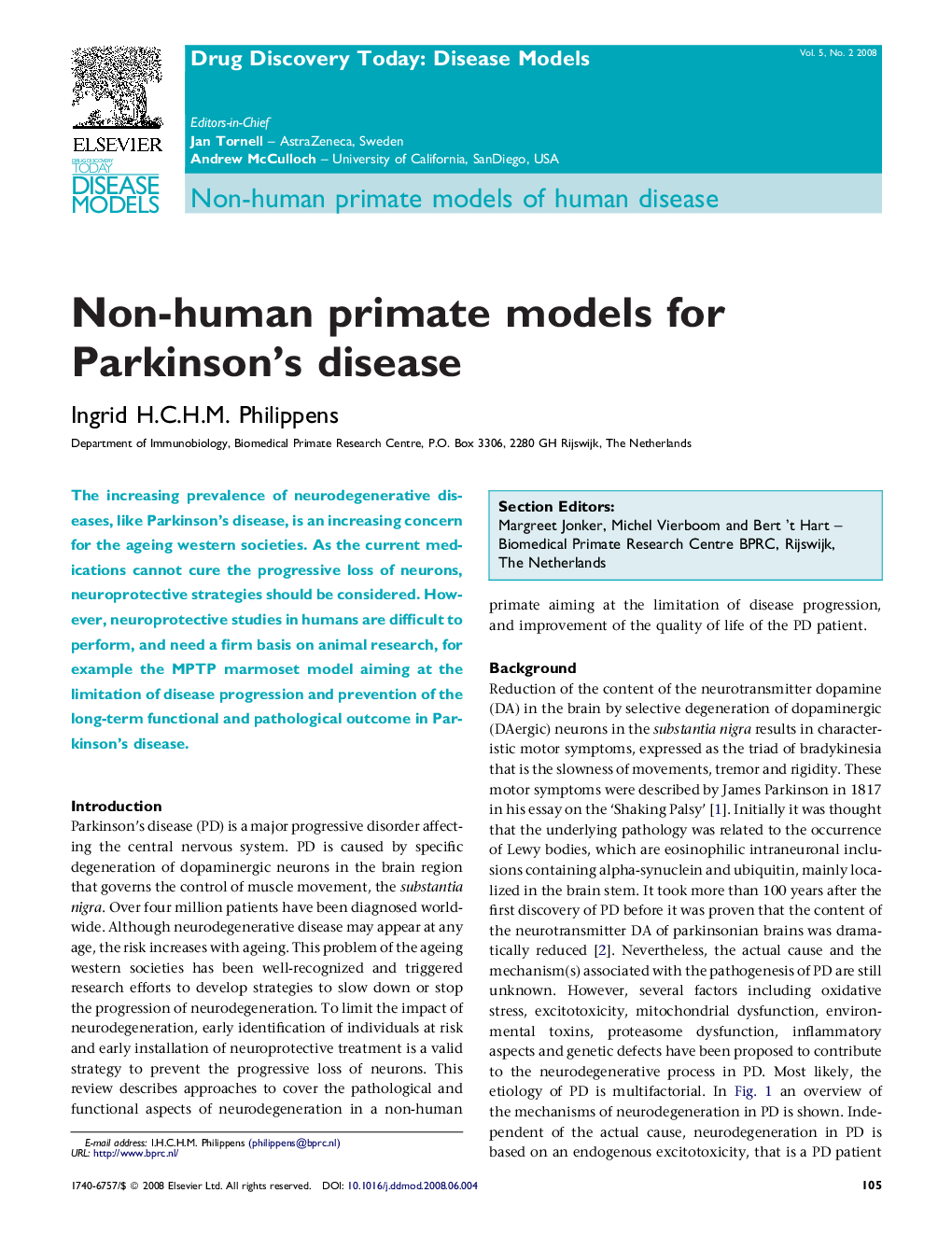 Non-human primate models for Parkinson's disease