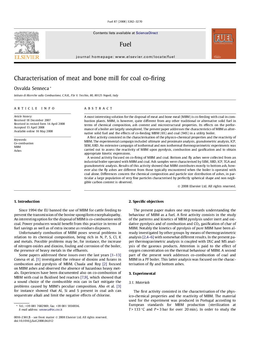 Characterisation of meat and bone mill for coal co-firing