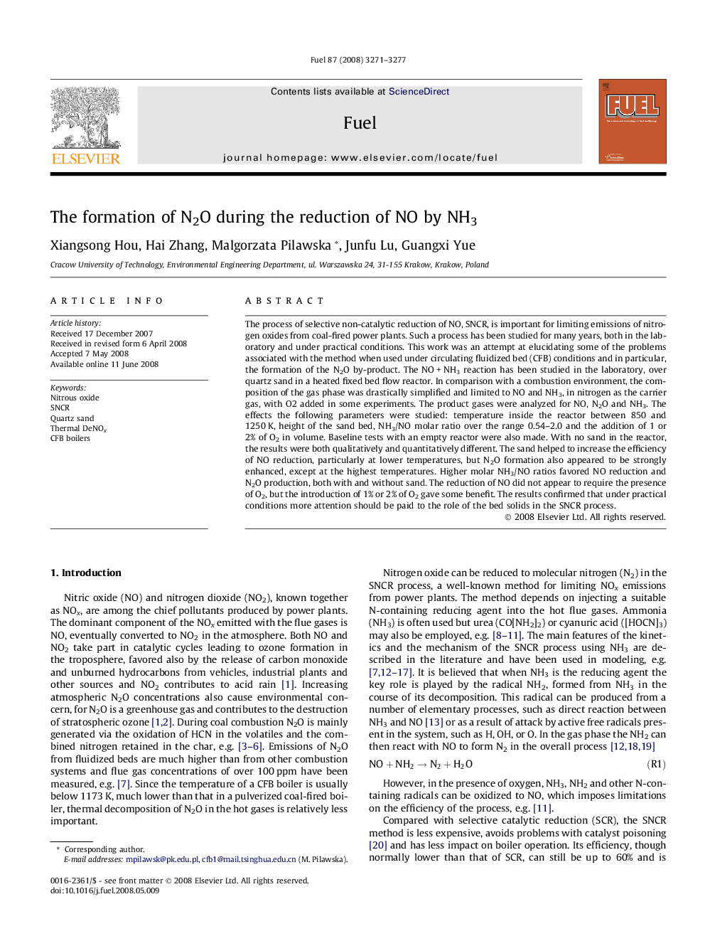 The formation of N2O during the reduction of NO by NH3