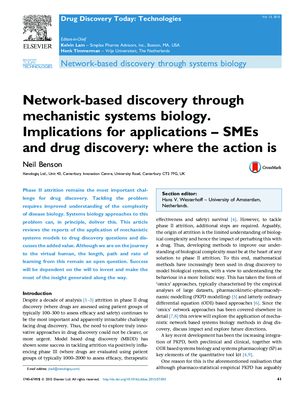 Network-based discovery through mechanistic systems biology. Implications for applications – SMEs and drug discovery: where the action is