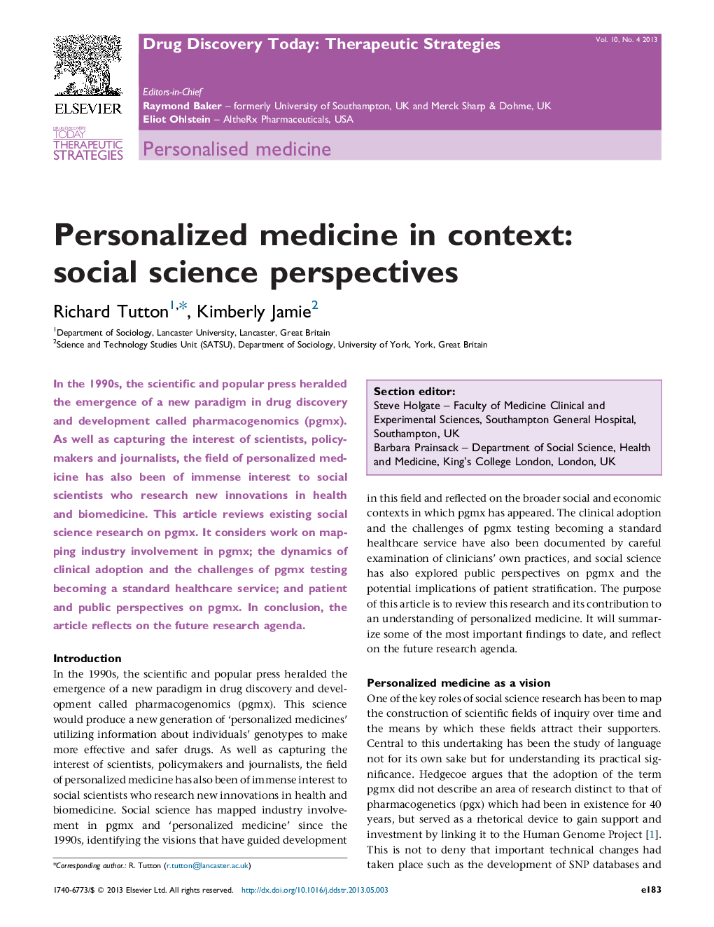 Personalized medicine in context: social science perspectives