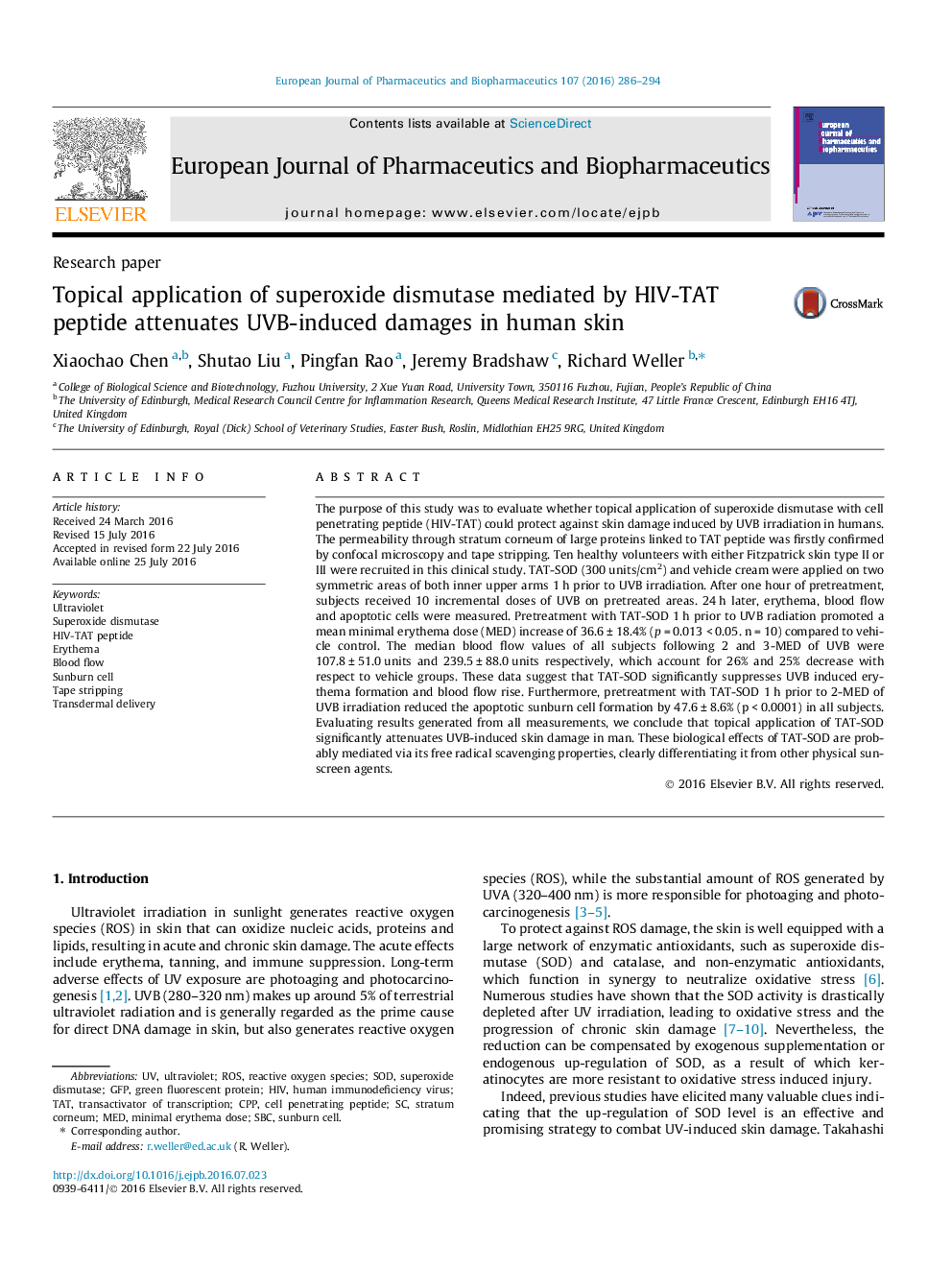 Topical application of superoxide dismutase mediated by HIV-TAT peptide attenuates UVB-induced damages in human skin