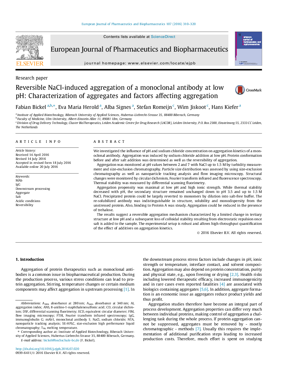 Reversible NaCl-induced aggregation of a monoclonal antibody at low pH: Characterization of aggregates and factors affecting aggregation