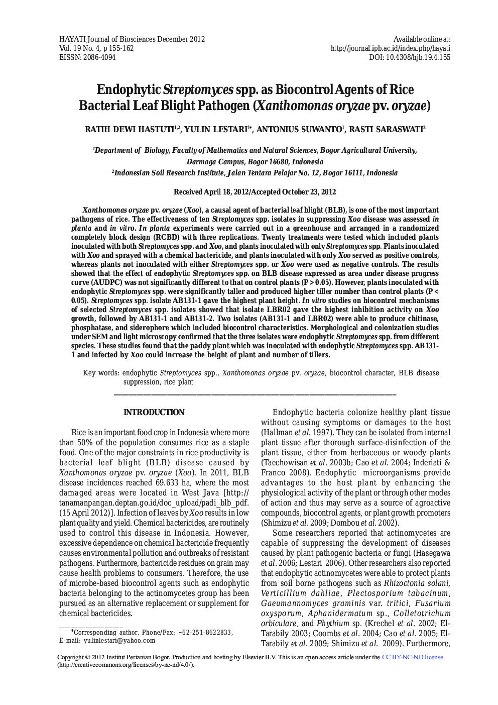 Endophytic Streptomyces spp. as Biocontrol Agents of Rice Bacterial Leaf Blight Pathogen (Xanthomonas oryzae pv. oryzae)