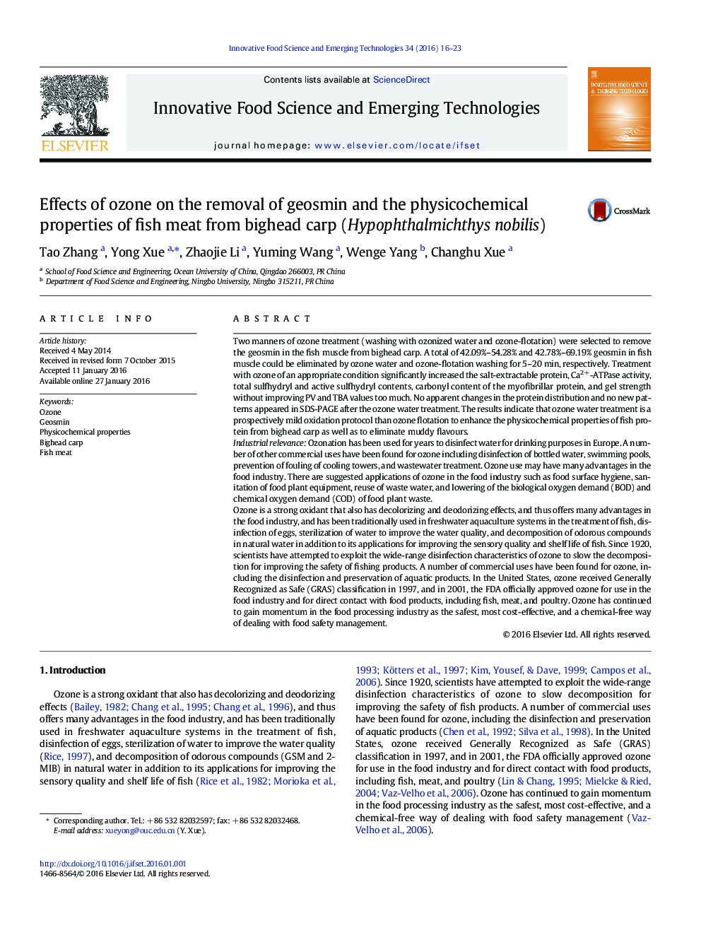 Effects of ozone on the removal of geosmin and the physicochemical properties of fish meat from bighead carp (Hypophthalmichthys nobilis)