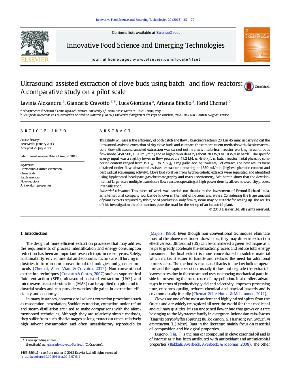 Ultrasound-assisted extraction of clove buds using batch- and flow-reactors: A comparative study on a pilot scale