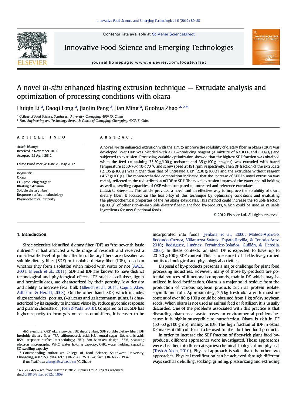 A novel in-situ enhanced blasting extrusion technique — Extrudate analysis and optimization of processing conditions with okara