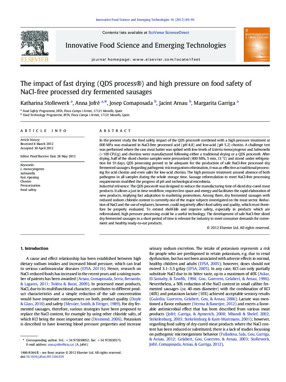 The impact of fast drying (QDS process®) and high pressure on food safety of NaCl-free processed dry fermented sausages