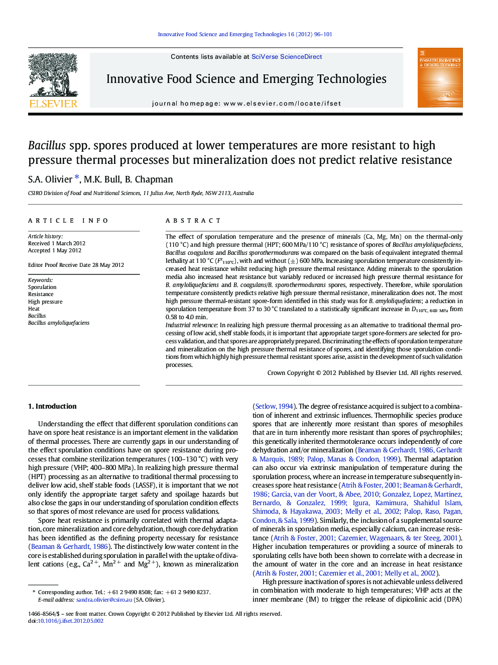 Bacillus spp. spores produced at lower temperatures are more resistant to high pressure thermal processes but mineralization does not predict relative resistance