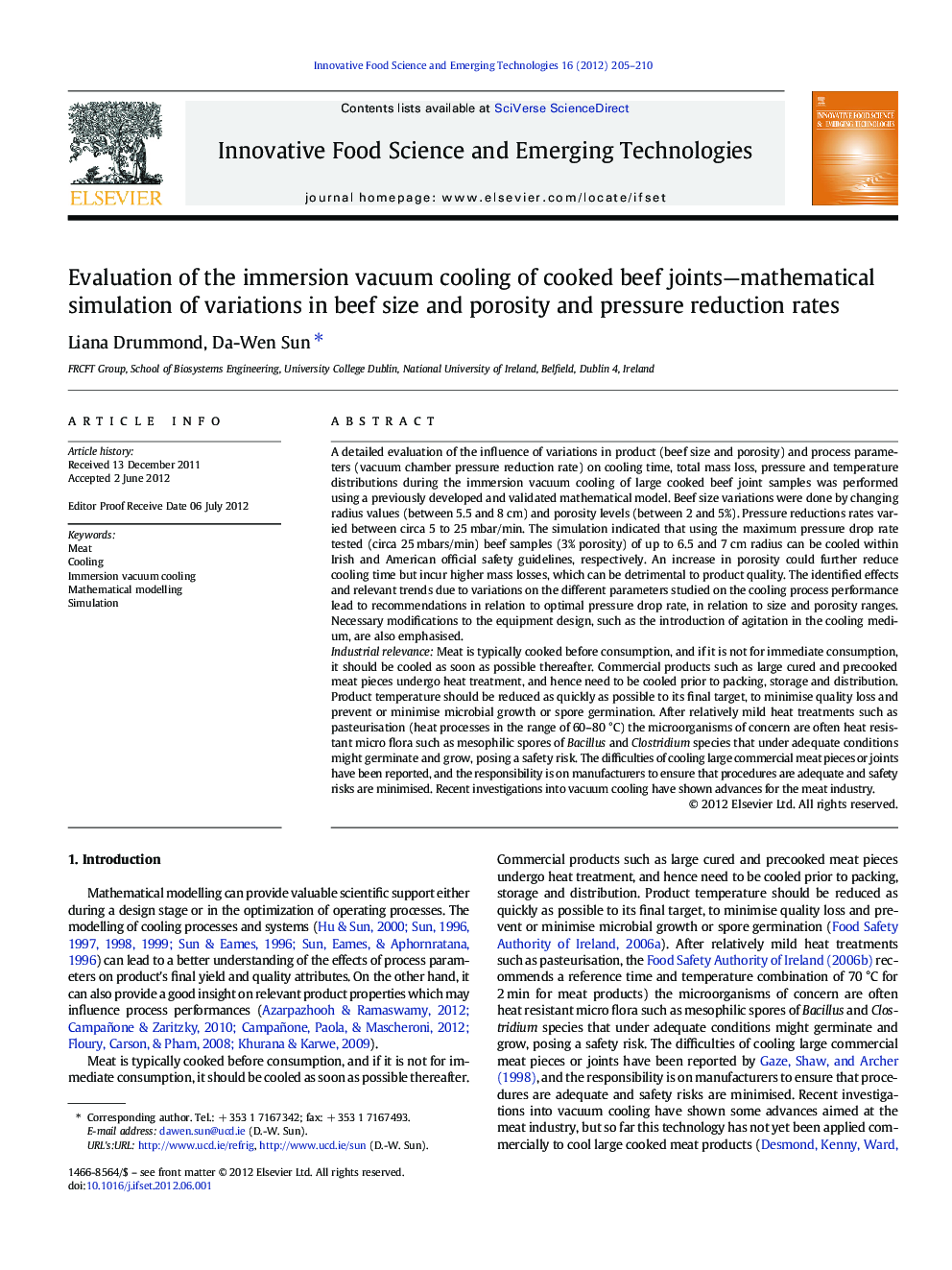 Evaluation of the immersion vacuum cooling of cooked beef joints—mathematical simulation of variations in beef size and porosity and pressure reduction rates