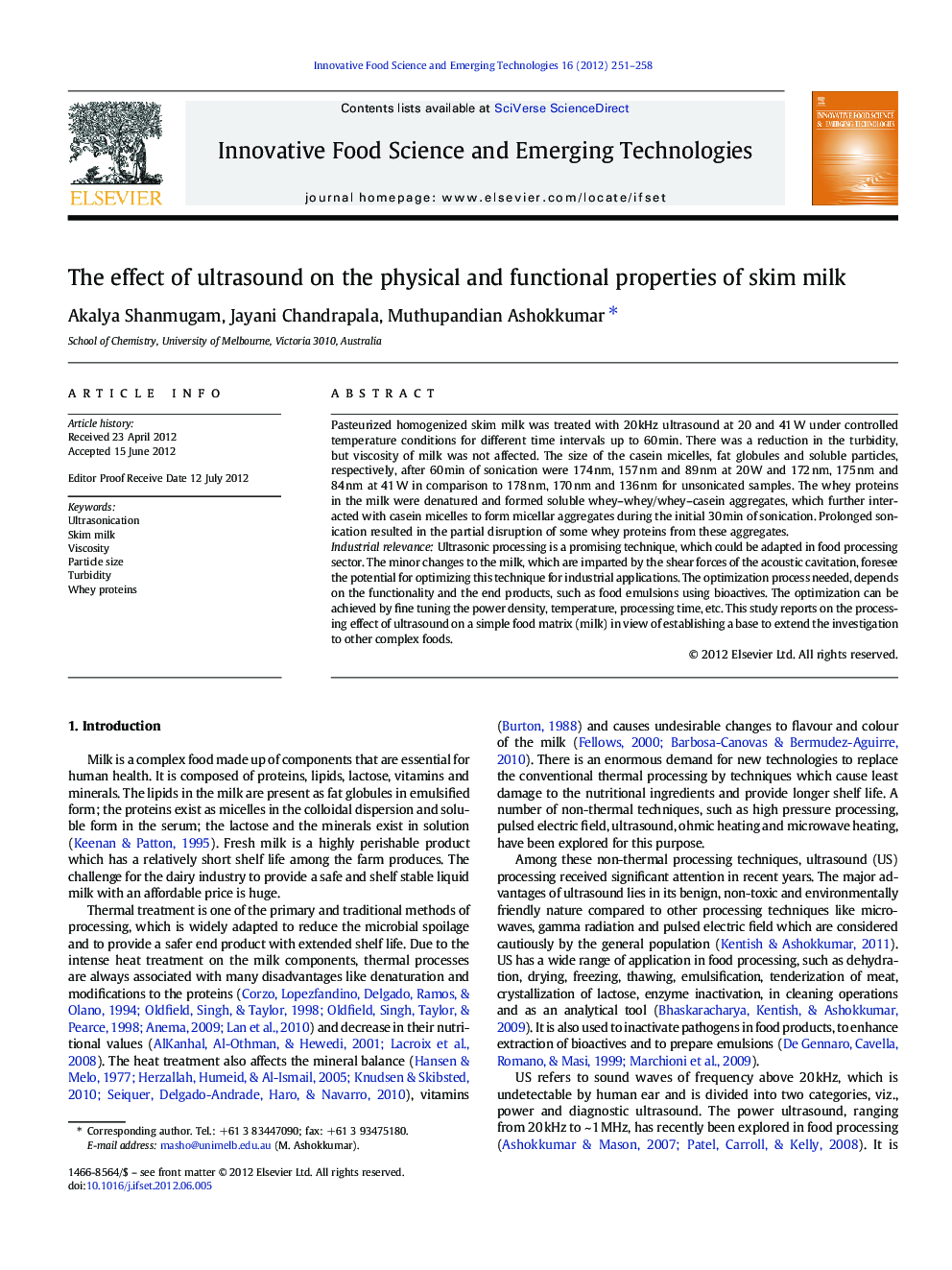 The effect of ultrasound on the physical and functional properties of skim milk