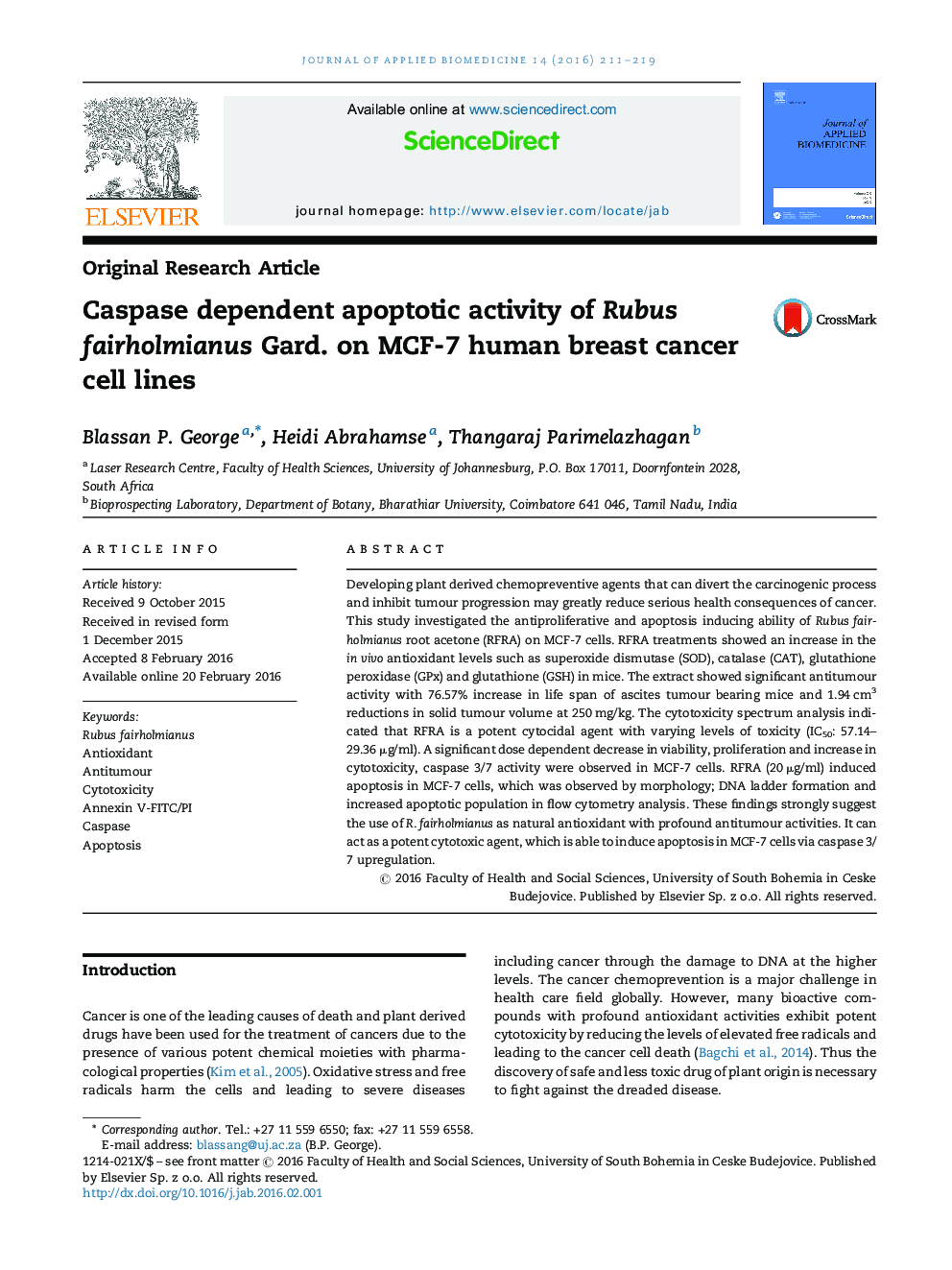 Caspase dependent apoptotic activity of Rubus fairholmianus Gard. on MCF-7 human breast cancer cell lines