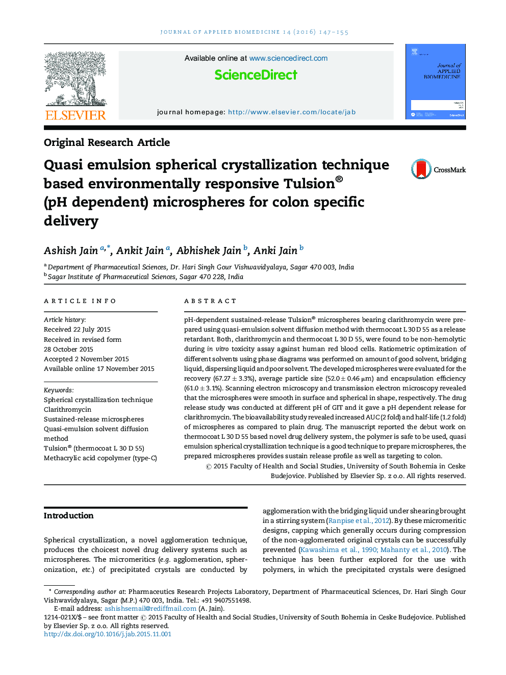 Quasi emulsion spherical crystallization technique based environmentally responsive Tulsion® (pH dependent) microspheres for colon specific delivery