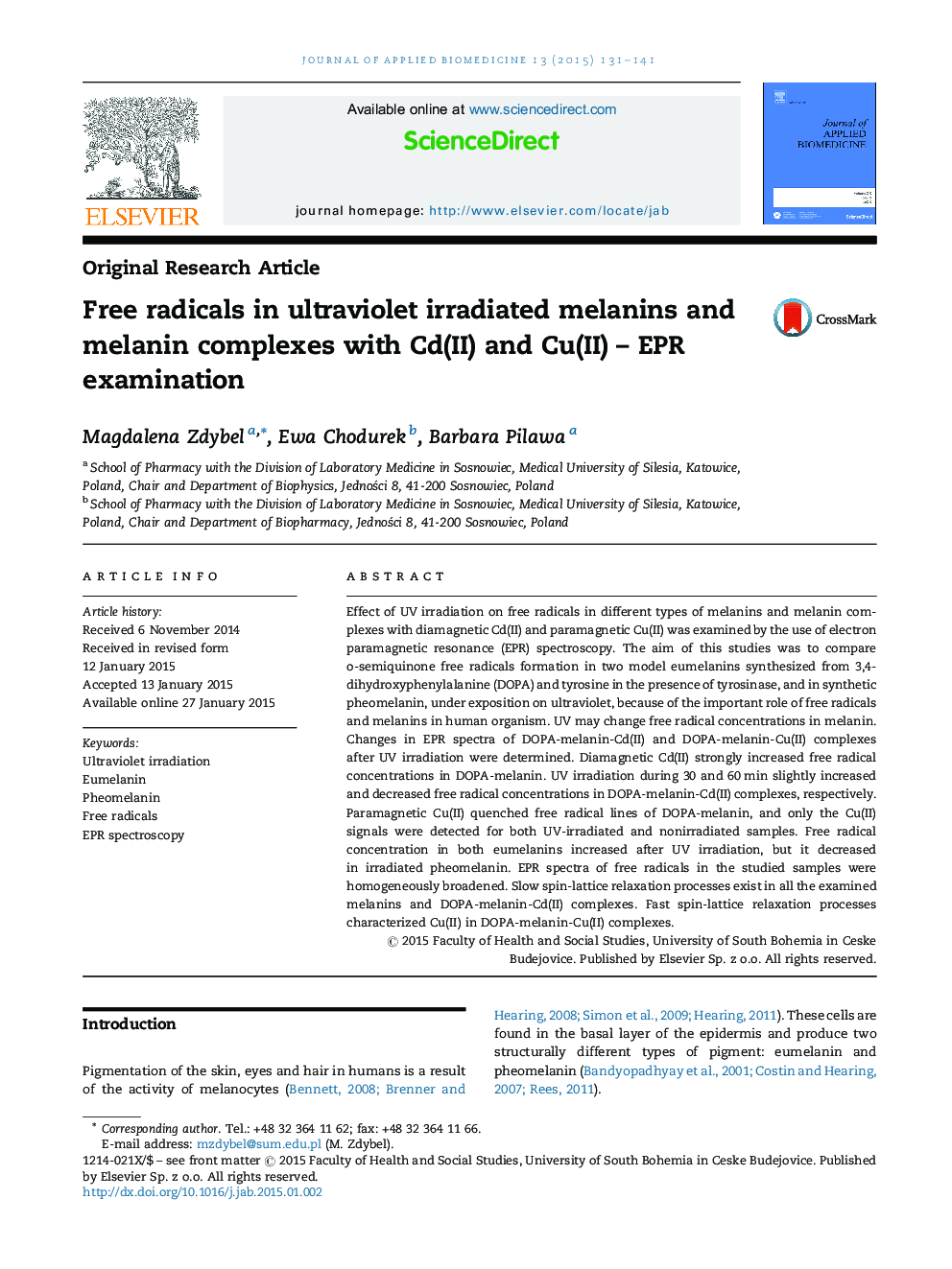 Free radicals in ultraviolet irradiated melanins and melanin complexes with Cd(II) and Cu(II) – EPR examination
