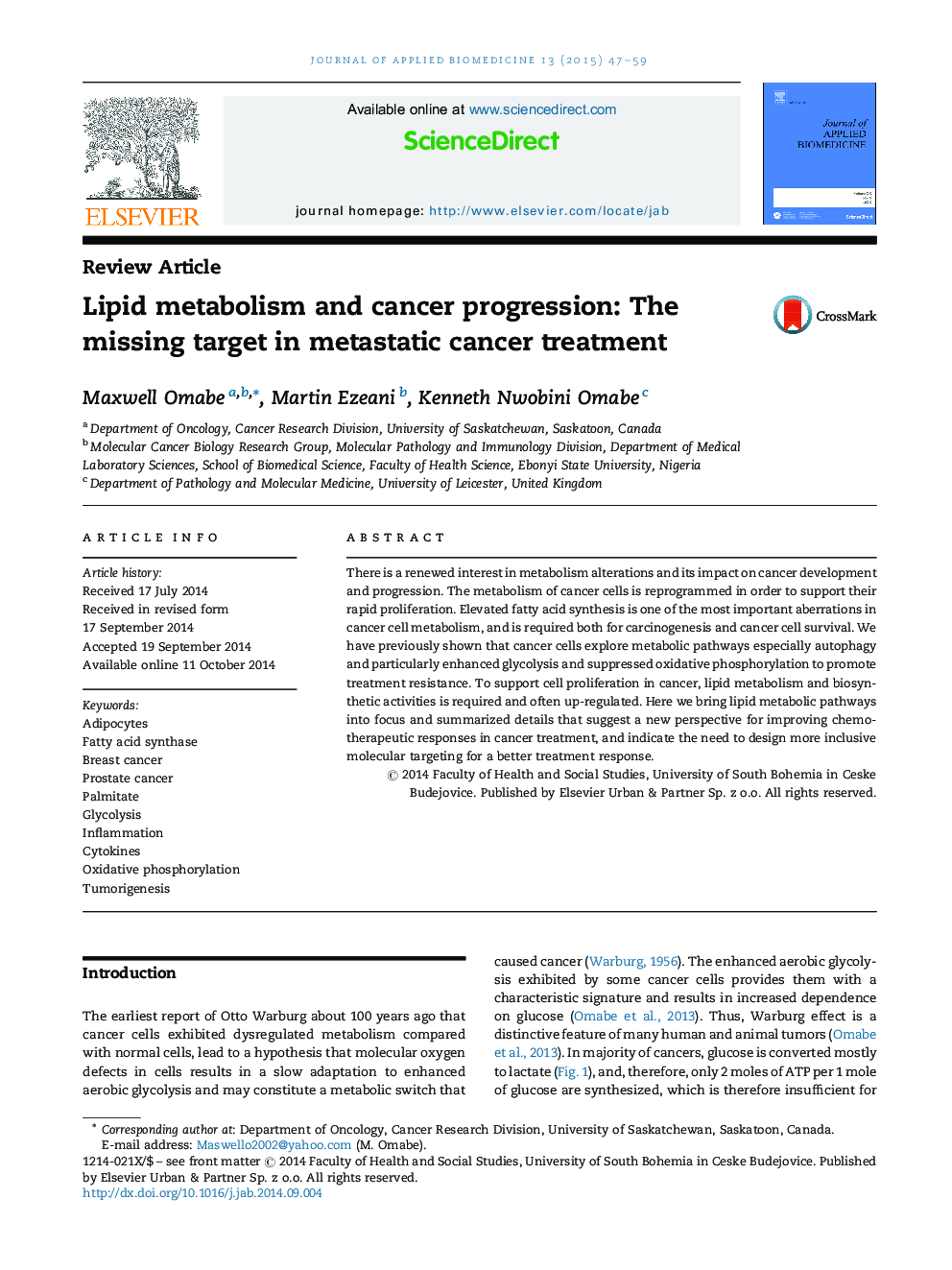 متابولیسم لیپید و پیشرفت سرطان: هدف از دست رفته در درمان سرطان متاستاتیک 