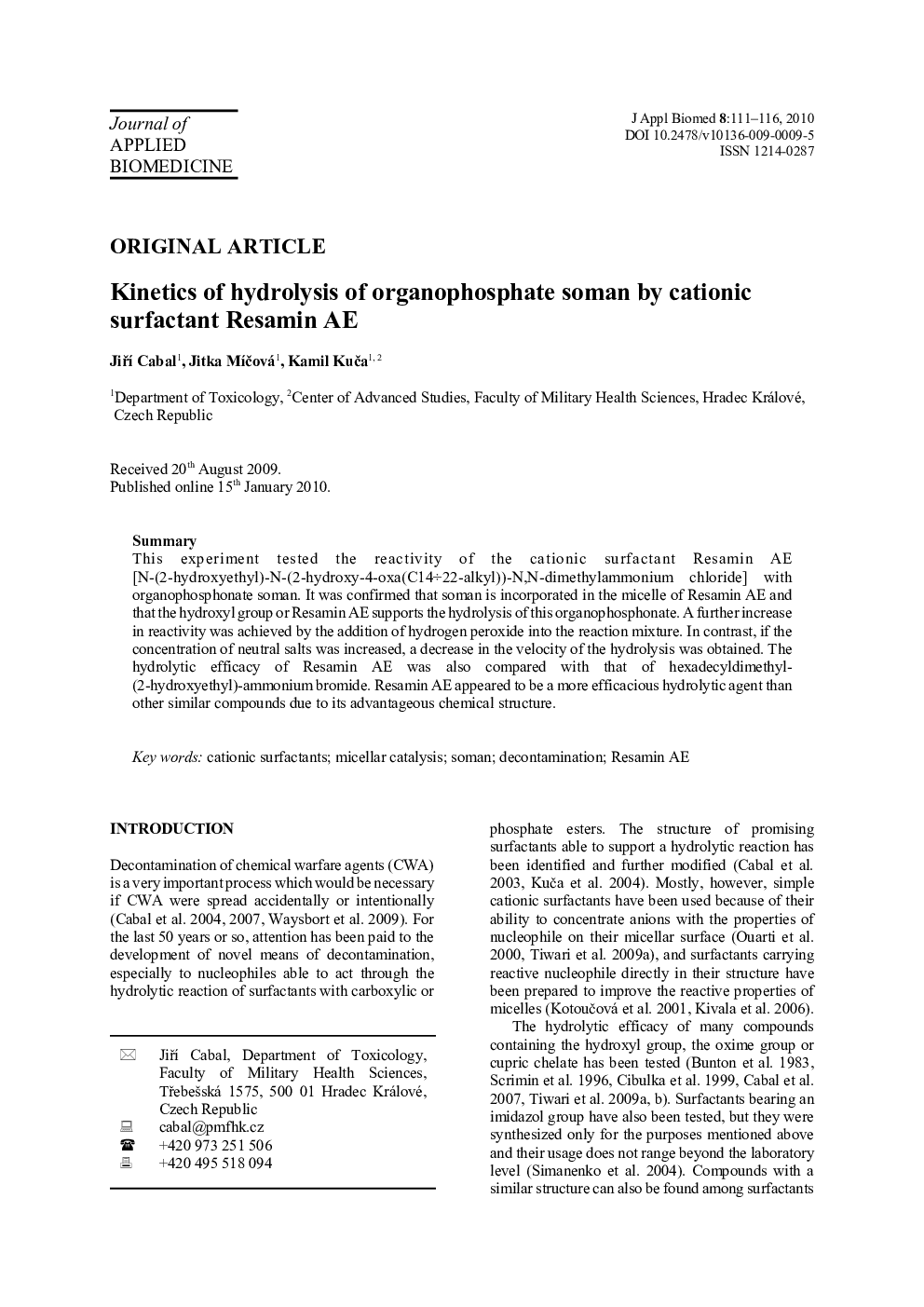 Kinetics of hydrolysis of organophosphate soman by cationic surfactant Resamin AE 