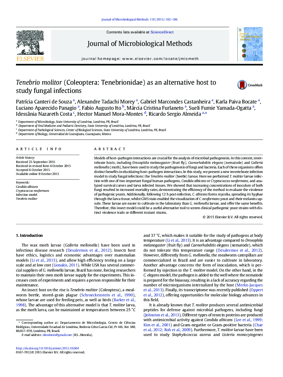 Tenebrio molitor (Coleoptera: Tenebrionidae) as an alternative host to study fungal infections