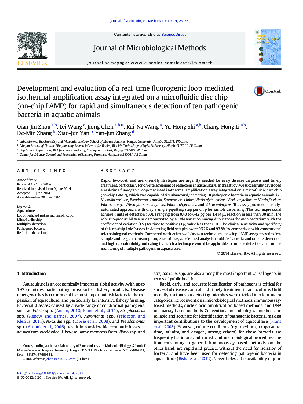 Development and evaluation of a real-time fluorogenic loop-mediated isothermal amplification assay integrated on a microfluidic disc chip (on-chip LAMP) for rapid and simultaneous detection of ten pathogenic bacteria in aquatic animals