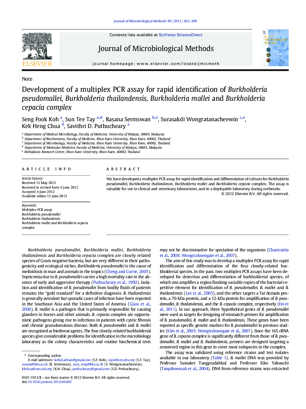 Development of a multiplex PCR assay for rapid identification of Burkholderia pseudomallei, Burkholderia thailandensis, Burkholderia mallei and Burkholderia cepacia complex