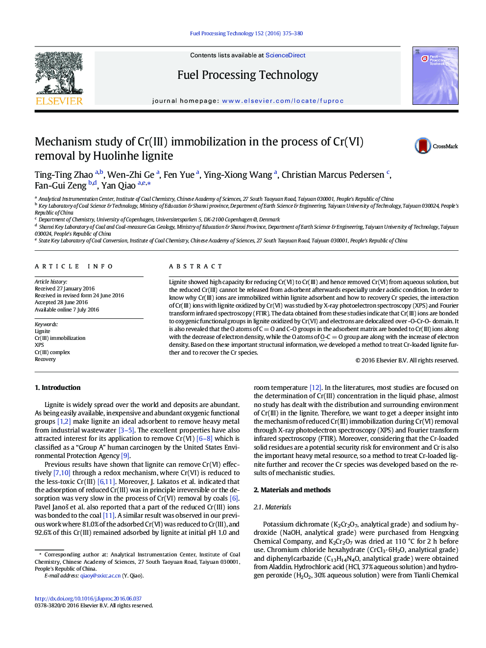 Mechanism study of Cr(III) immobilization in the process of Cr(VI) removal by Huolinhe lignite