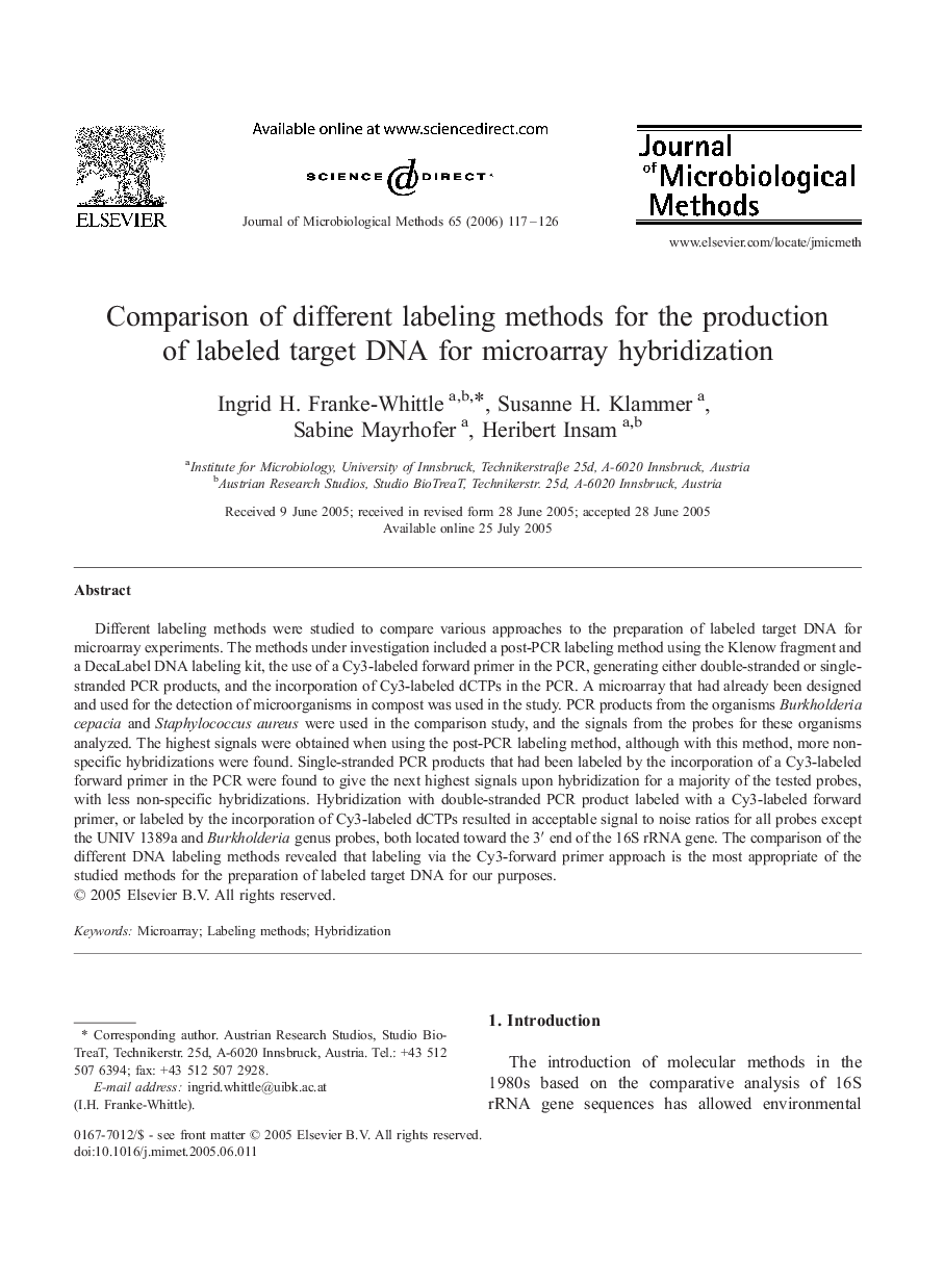 Comparison of different labeling methods for the production of labeled target DNA for microarray hybridization