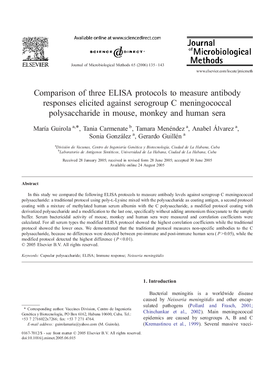 Comparison of three ELISA protocols to measure antibody responses elicited against serogroup C meningococcal polysaccharide in mouse, monkey and human sera
