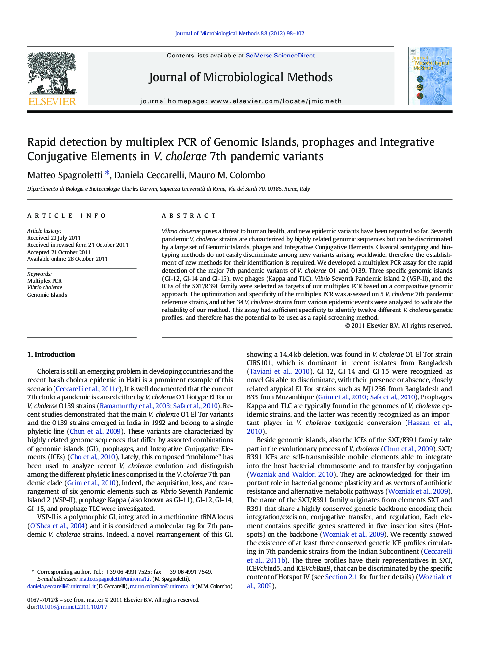 Rapid detection by multiplex PCR of Genomic Islands, prophages and Integrative Conjugative Elements in V. cholerae 7th pandemic variants