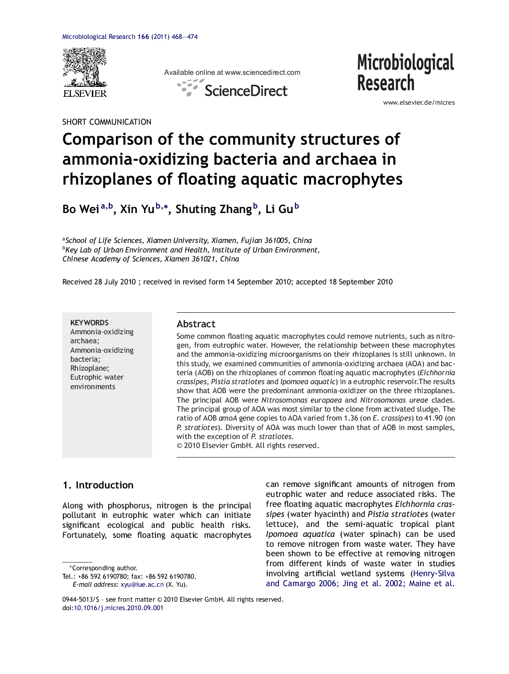 Comparison of the community structures of ammonia-oxidizing bacteria and archaea in rhizoplanes of floating aquatic macrophytes