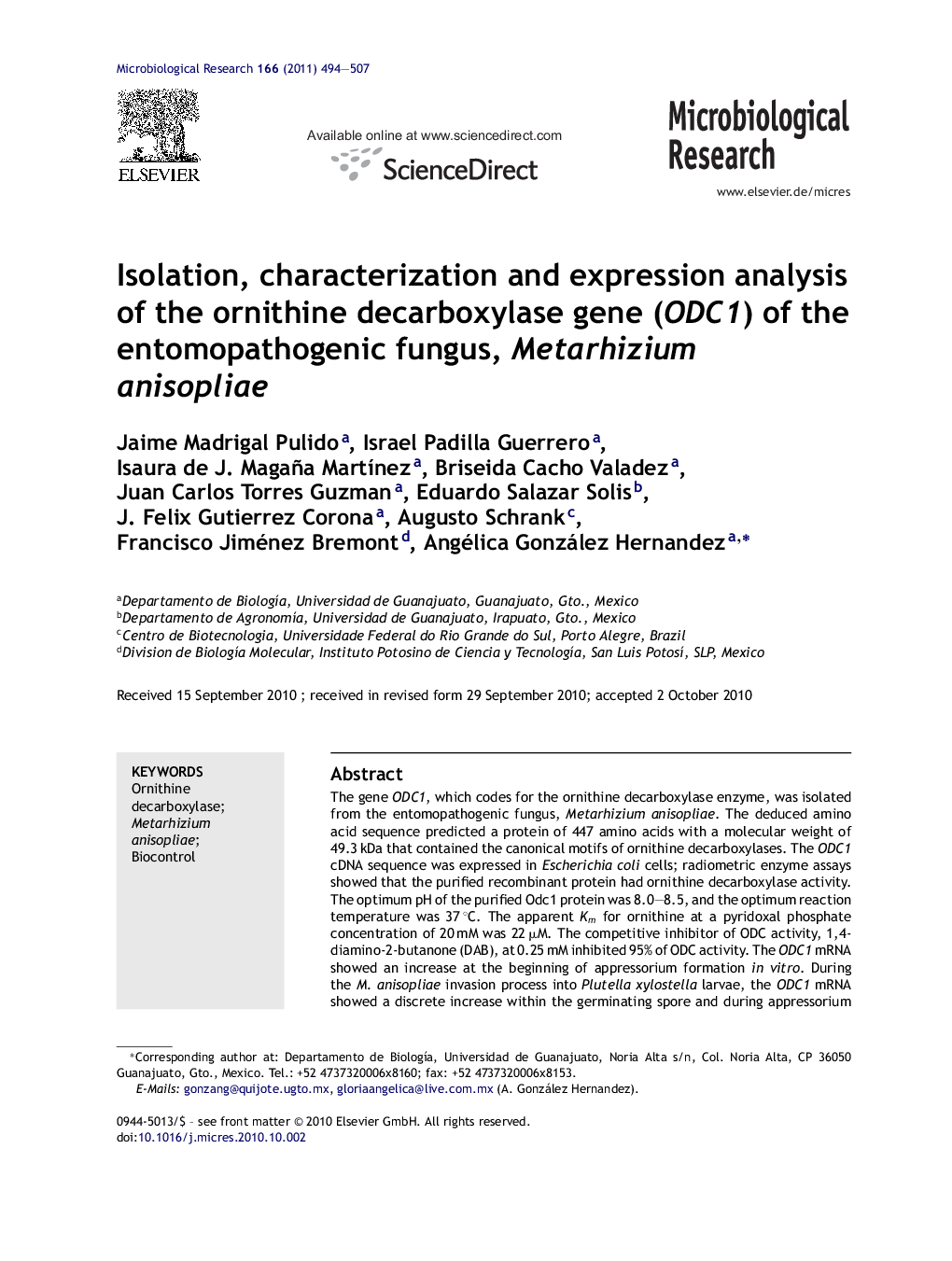 Isolation, characterization and expression analysis of the ornithine decarboxylase gene (ODC1) of the entomopathogenic fungus, Metarhizium anisopliae