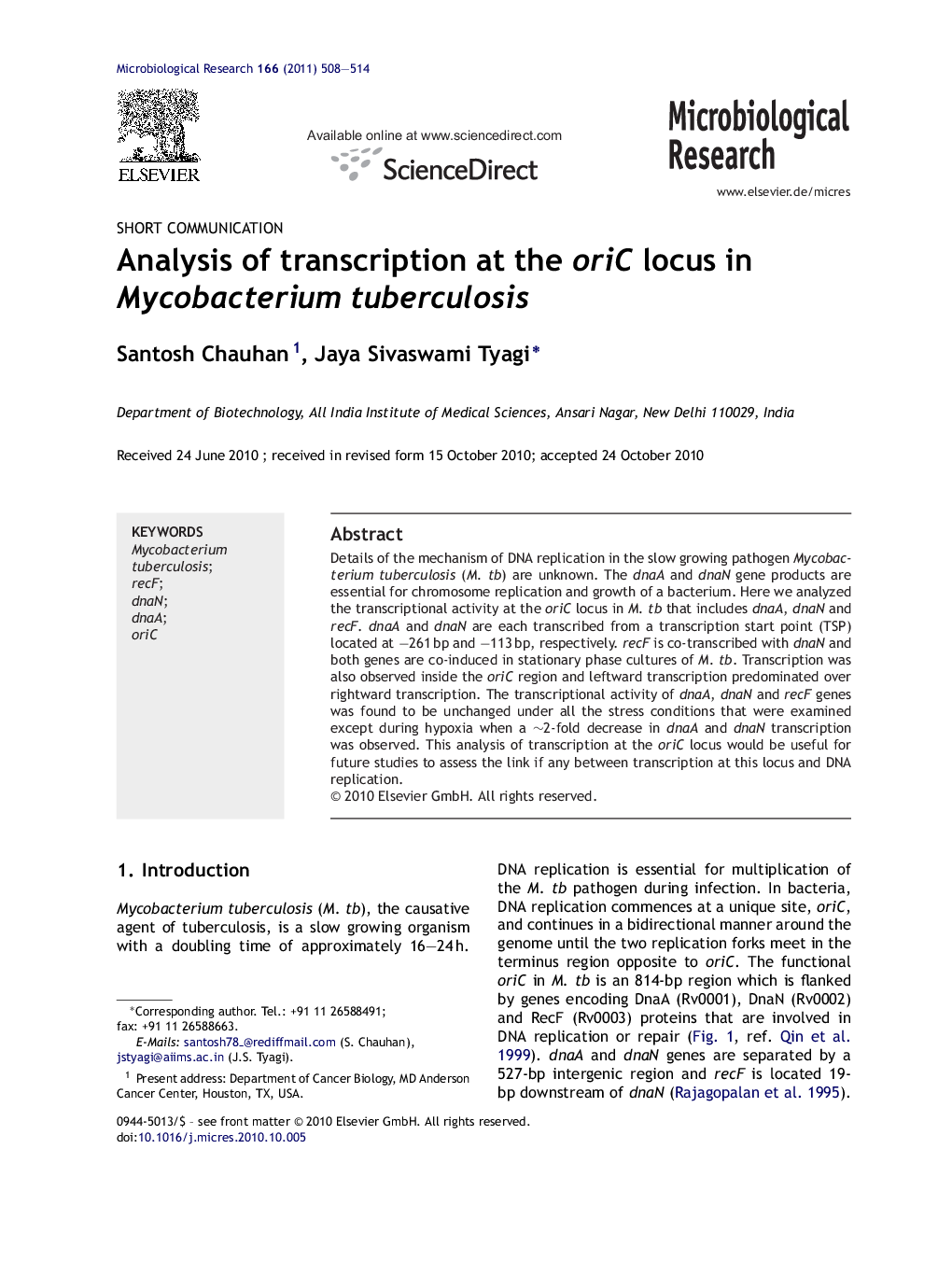 Analysis of transcription at the oriC locus in Mycobacterium tuberculosis