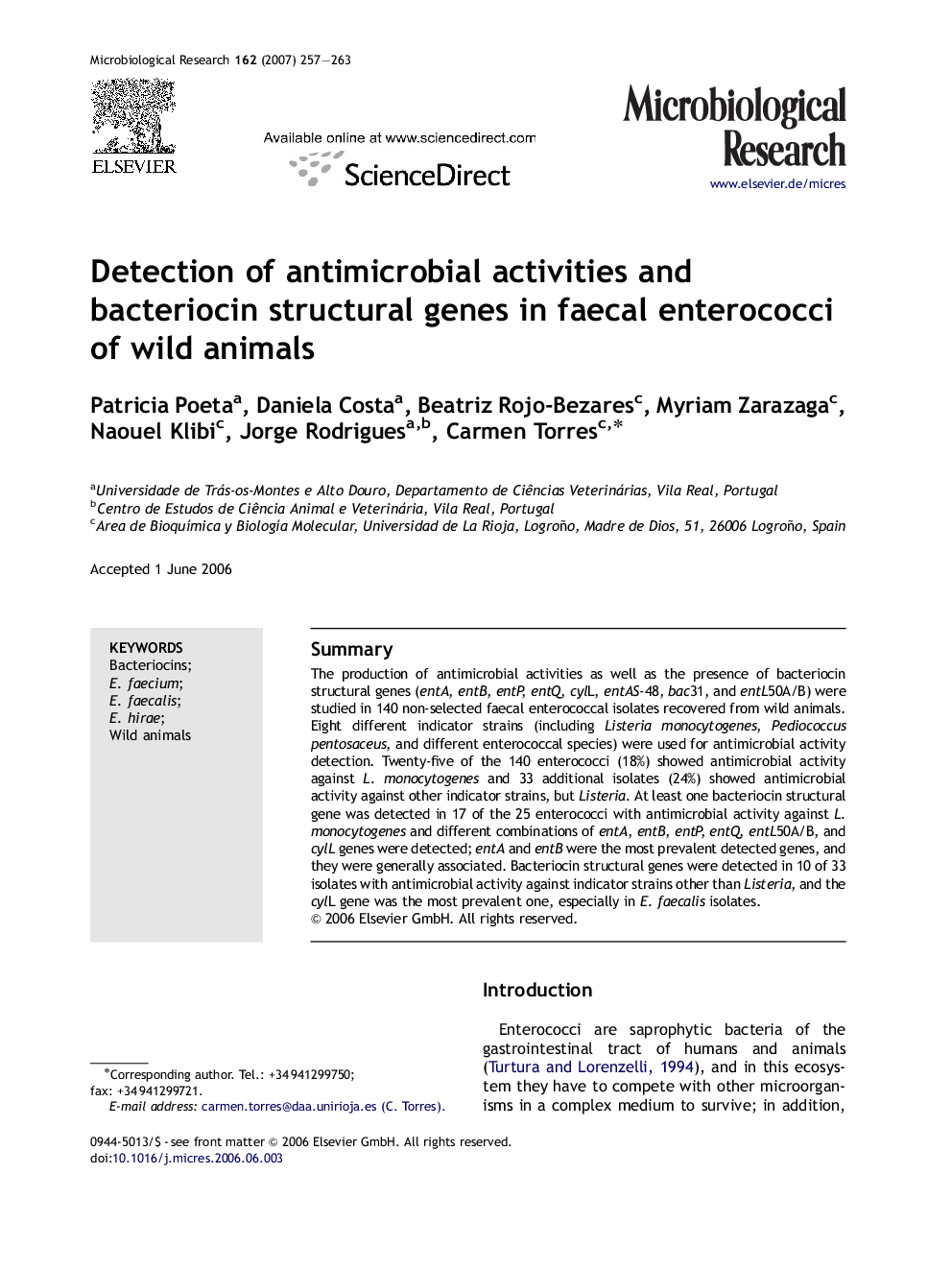 Detection of antimicrobial activities and bacteriocin structural genes in faecal enterococci of wild animals