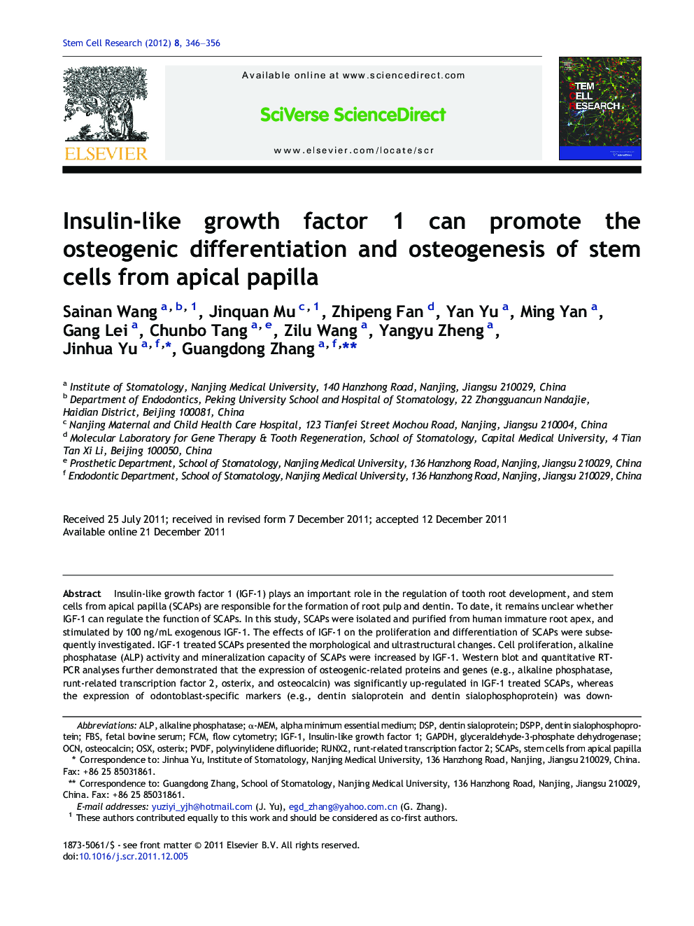 Insulin-like growth factor 1 can promote the osteogenic differentiation and osteogenesis of stem cells from apical papilla