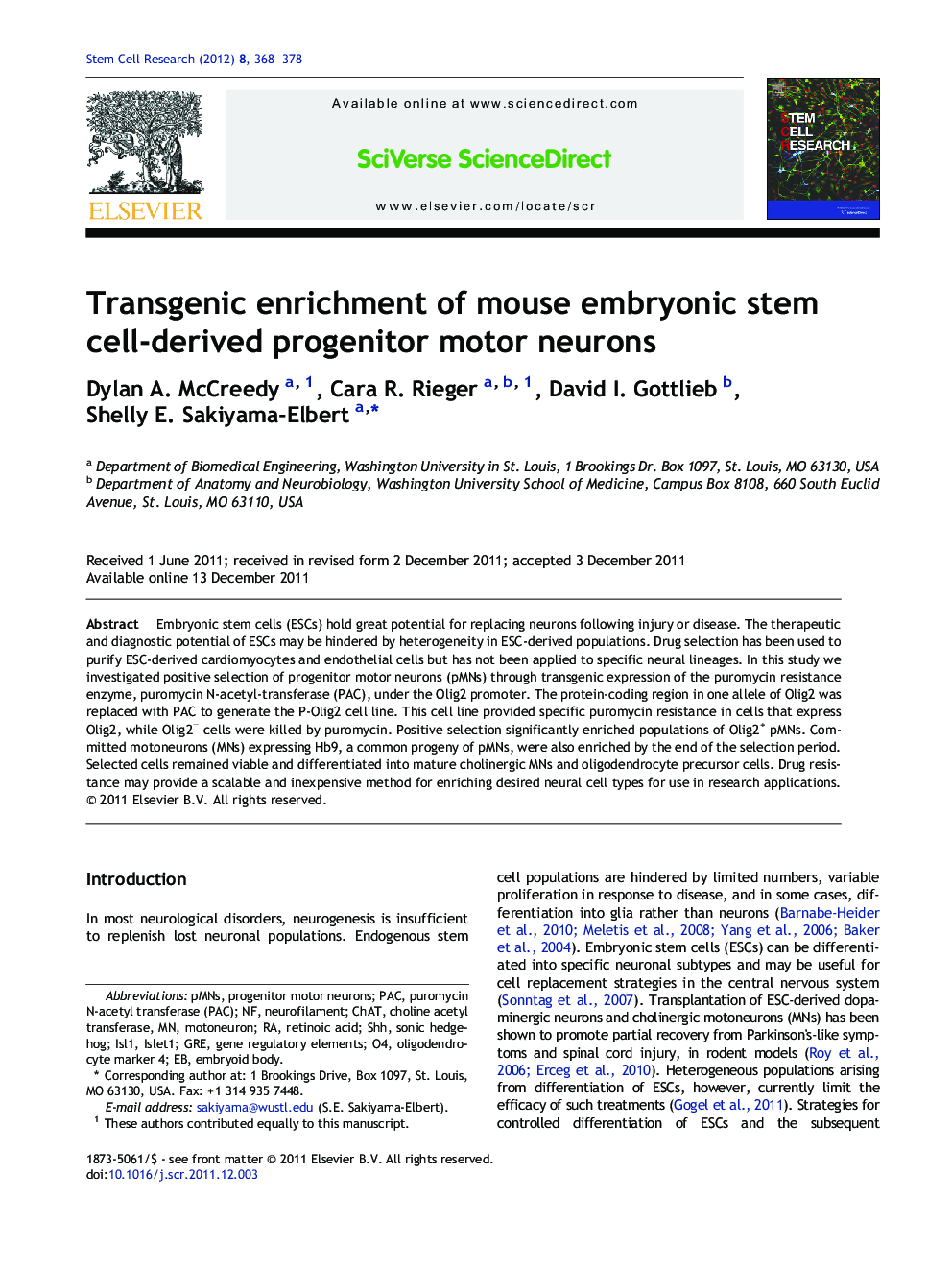 Transgenic enrichment of mouse embryonic stem cell-derived progenitor motor neurons